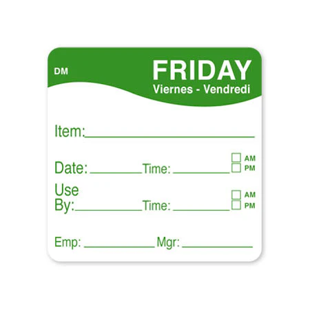 DayMark 1100535 "Friday" Dissolve Labels, 2" x 2", Roll of 250